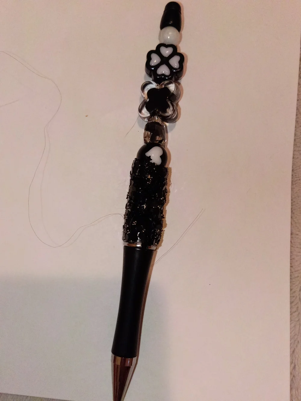 Black Beaded Floral Charm Pen - Women Accessories